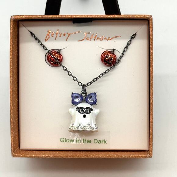 Betsey Johnson Ghost w Purple Bow Necklace & Pumpkin Stud Earrings Halloween NEW - Picture 1 of 4